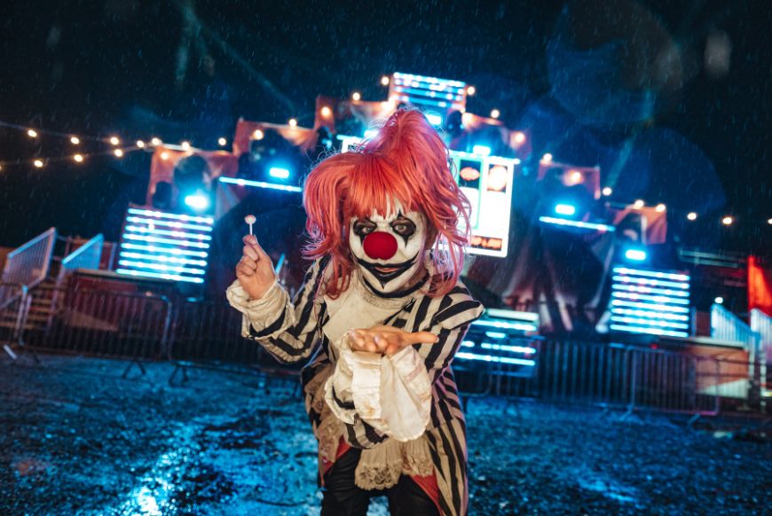 a person dressed as a scary clown blowing a kiss